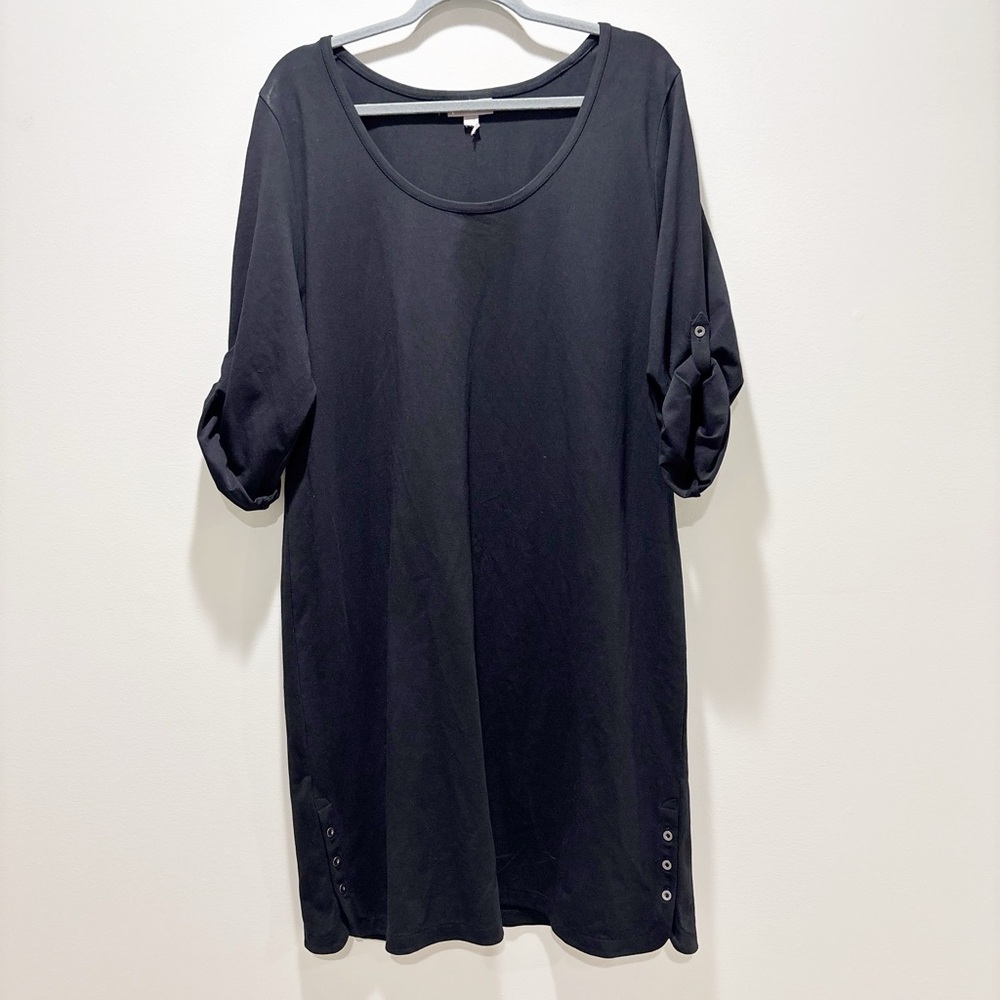 J. Jill Perfect Pima Cotton Black Knit Dress Roll Tab Sleeves Minimalist Casual